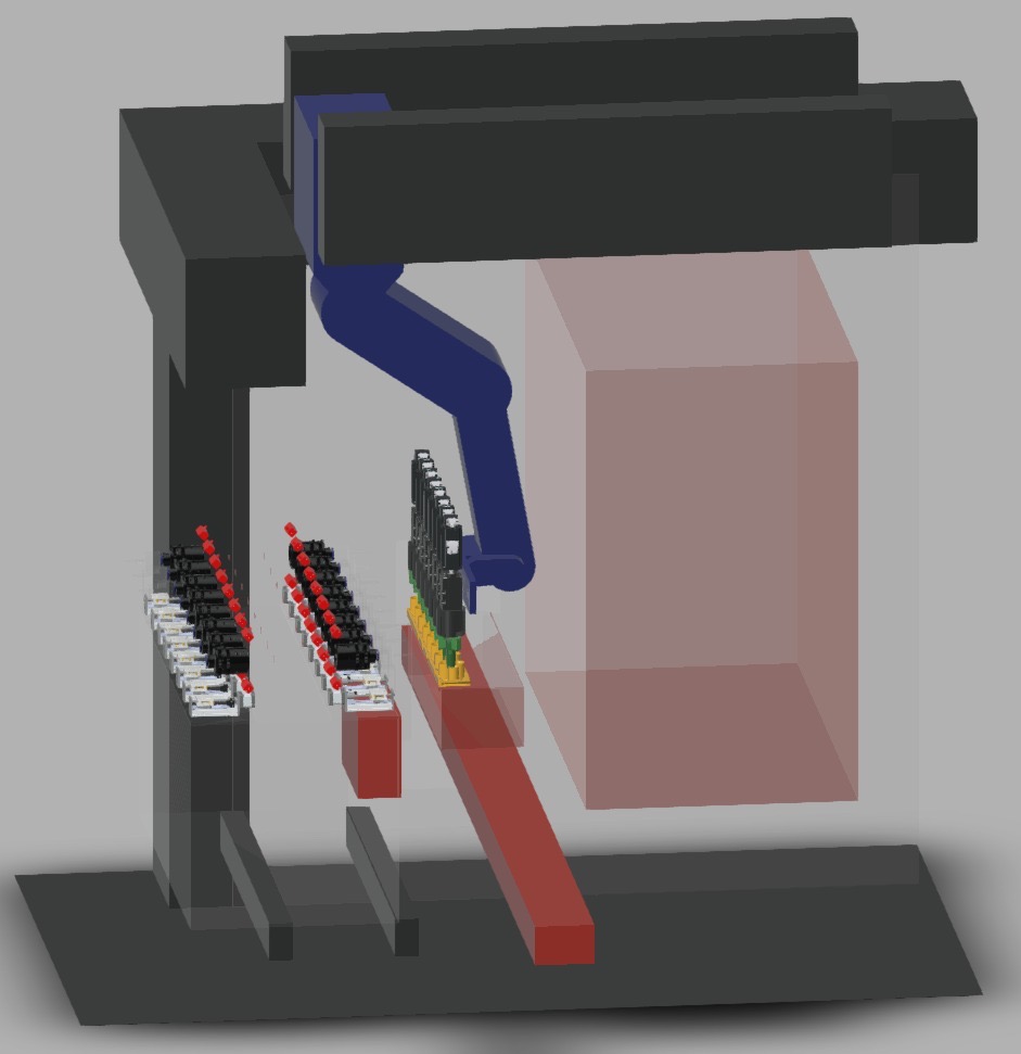 User CAD: overhead articulated robot carrying the eight-position tool